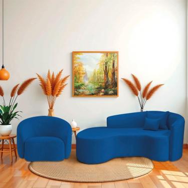 Imagem de Kit Recamier Curvo Sala De Estar Inglaterra 180cm Lado Esquerdo E Poltrona Orgânica Luxo Amore Linho Azul Royal