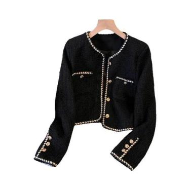 Imagem de Jaqueta Cropped De Tweed Preto Para Mulheres, Blazer Curto Vintage Aco