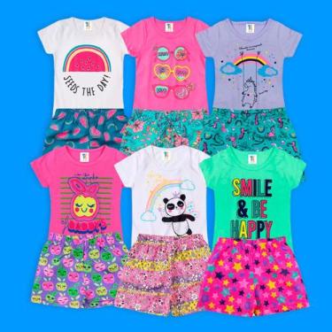 Imagem de Kit 6 Peças 3 Short + 3 Blusa  Menina Conjunto Estampado Infantil Femi