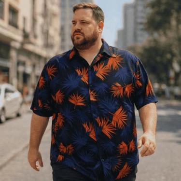 Imagem de Camisa Plus Size Estampada Havaiana de Botão Manga Curta - HF, Marinho