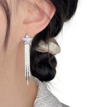 Imagem de Par de Brincos Feminino Luxo Festas Franja Estrela Prata - - anjo da m