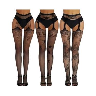 Imagem de Meias-calças Femininas Sensuais De Rede Até a Coxa, 3 Peças, Com Padrã