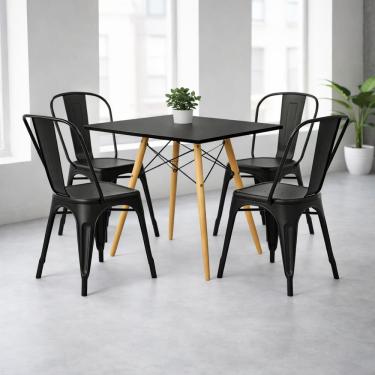 Imagem de Conjunto de Jantar Mesa Quadrada 90cm com 4 Cadeiras Tolix Iron, Preto