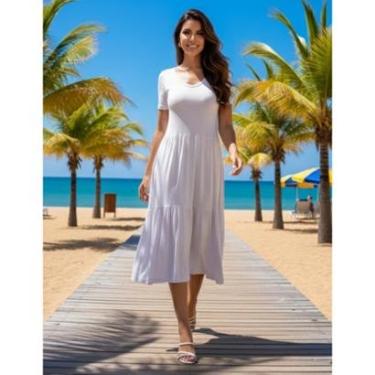 Imagem de Vestidinho Basico de Malha Manga Curta Verão Fresco Leve Midi Rodado Plissado Saia A Soltinho-Feminino