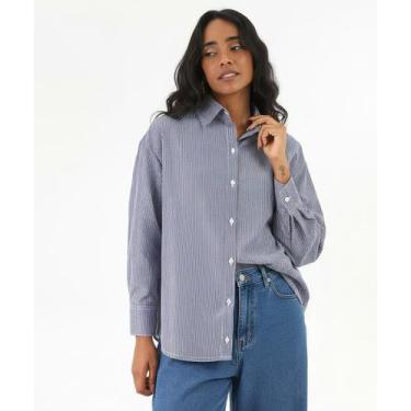 Imagem de Camisa Feminina Listrada Manga Longa Marisa Azul, Azul, G