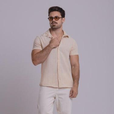 Imagem de Camisa de Linho Listrada Masculina Social Gola Italiana Visco-Linho Ma
