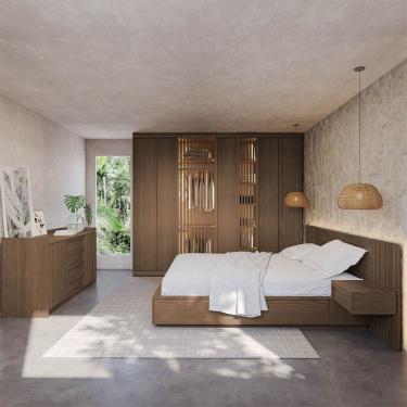 Imagem de Kit Guarda Roupas 7 Portas, Cama Casal/Queen com LED e Cômoda Seringal CabeCasa Madeira...