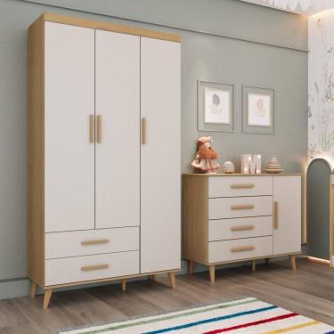 Imagem de Conjunto Quarto Bebê Retrô Guarda Roupa 3 Portas Cômoda 4 Gavetas 1 Porta Off White Lud...