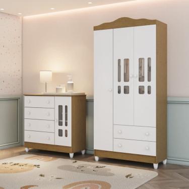 Imagem de Conjunto Quarto Bebê Guarda Roupa Ariel 3 Portas Cômoda 4 Gavetas 1 Porta-100% Mdf Bran...