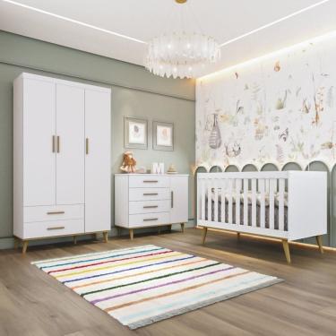 Imagem de Quarto Bebê Retrô Completo Berço 3 em 1 Cômoda com Porta Guarda Roupa 3 Portas Ludmila Branco com Bétula