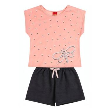 Imagem de Conjunto Menina Verão Estampa Libélula Brilho Kyly, Rosa peachy, Mescl