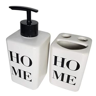 Imagem de Porta Sabonete Líquido E Copo em Cerâmica para Banheiro e Lavabo Conjunto com 2 Peças Branco Fosco