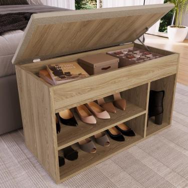 Imagem de Sapateira Baú Puff Estofado Baixo 3 Nichos Prateleira Organizador Multiuso Marrom Madeira