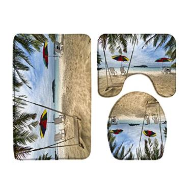 Imagem de Conjunto de tapetes de banho Palm Tree Beach Cenário do oceano Tapete de porta de flanela decoração de banheiro antiderrapante tapete de cobertura de vaso sanitário, 488zw, conjunto de 3 peças, 60x40cm, 23.6x15.7in