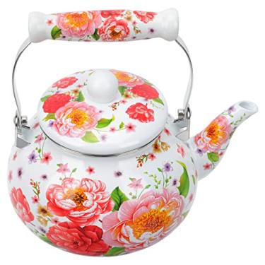 Imagem de Chaleira de chá esmaltada de cerâmica: Chaleira de chá com tampa de fogão de aço inoxidável de 2,5 L com alça flor chaleira de café com fundo plano aquecedor de chaleira para fogão