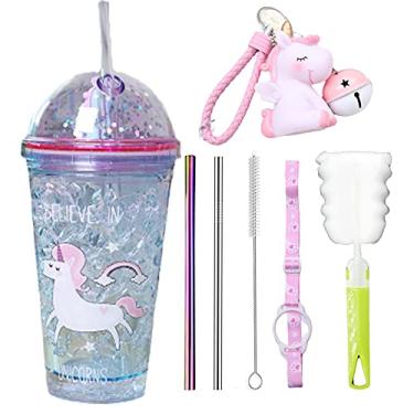 Imagem de seelucky Copo de viagem infantil unicórnio com canudo copo para beber gelo congelador caneca gelada para piquenique festa aniversário (gel unicórnio azul, 430 ml)