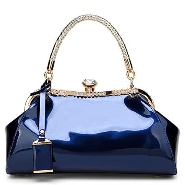 Imagem de ROUROU Bolsa feminina de couro envernizado brilhante com alça superior, bolsa de ombro noturna, bolsa de casamento, bolsa retrô, Azul, Large