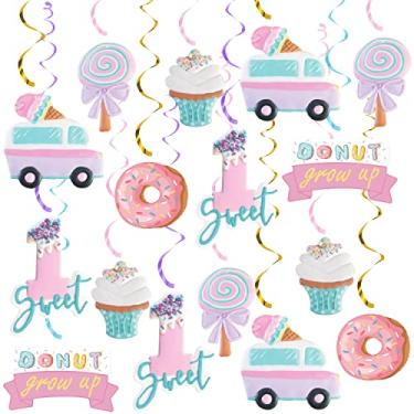 Imagem de 20 peças de decorações de redemoinho de pendurar, serpentinas de pendurar para festa de sorvete e rosquinha, um espiral de folha de donut para o primeiro primeiro primeiro chá de bebê, aniversário de rosquinhas/sorvete, festa de crescimento de rosquinha