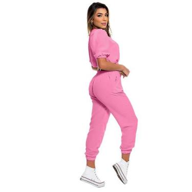 Imagem de Conjunto Feminino Croped Calça Joguer Cós Alto Acinturado Tecido Crepi