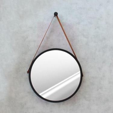 Imagem de Espelho Redondo Com Moldura Preta E Alça Caramelo 50cm G Adnet - Orb -