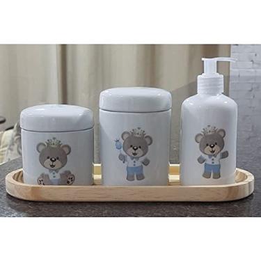 Imagem de Kit higiene bebê 4 peças Príncipe ursinho - Bandeja, potes e porta álcool - Peças porcelana bandeja pinus