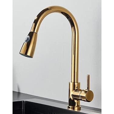 Imagem de Torneira de cozinha de níquel escovado com furo único, bico removível para pia de cozinha, torneira misturadora, cabeça de pulverização, torneira misturadora cromada/preta, dourada B