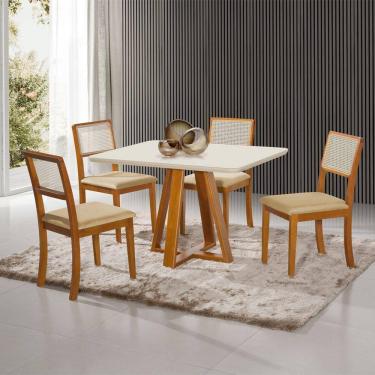 Imagem de Mesa Jantar Luxo Pérola 120x90 Off White com 4 Cadeiras Palha Linho Bege Telinha Rubi Madeira Maciça