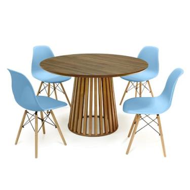 Imagem de Conjunto Mesa de Jantar Redonda Luana Amadeirada Natural 120cm com 4 Cadeiras Eames Eiffel - Azul Claro