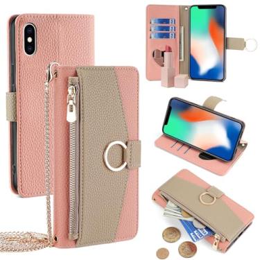 Imagem de YOUULAR Capa carteira com alça transversal compatível com iPhone X/iPhone Xs/iPhone 10, bolsa magnética com zíper, capa flip de couro PU à prova de choque com suporte rosa