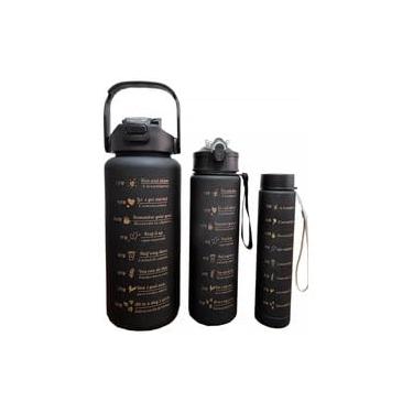 Imagem de Kit 3 em 1 Garrafa Motivacional Squeeze Preta Resistente Academia Esporte Caminhada Treino Trabalho Escola Trava Antivazamento Fitness Hidratação Aventura 2 Litros 900 Ml 300 Ml