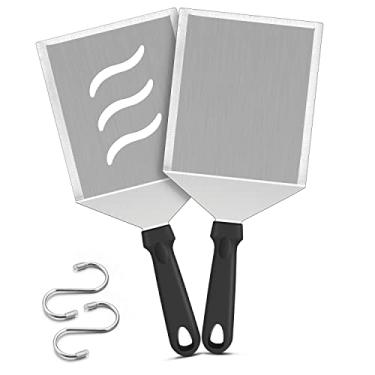 Imagem de Conjunto de 2 espátulas de metal, espátula de aço inoxidável grande 30,5 x 12 cm, ferramentas de chapa resistentes para grelhar Hibachi de teppanyaki de topo plano, cozimento de acampamento, alça de plástico e lavável na lava-louças