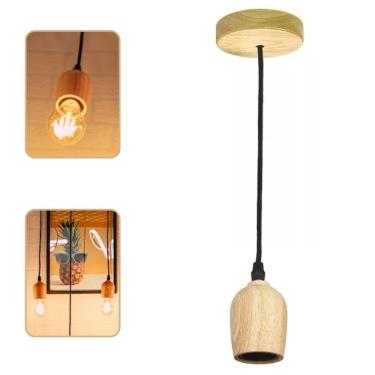 Imagem de Lustre Pendente Rústico Redondo Oval Em Madeira Tampa Canopla Regulável 1,20M Para Teto Fio PP Bocal Soquete E27 Bivolt