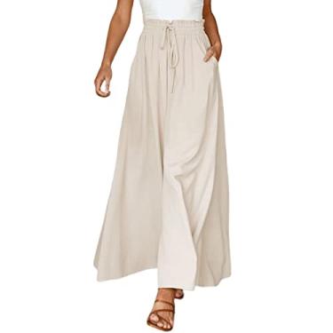 Imagem de Calça feminina larga de cintura alta folgada de verão algodão linho calça social aconchegante calça gaúcha, Bege, XXG