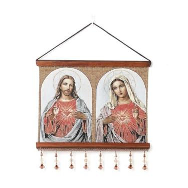 Imagem de HZMAN Pintura de Jesus e Virgem Maria Retrô Feito à Mão Arte de Parede Decoração de Parede Sagrado Coração Imagem Estética para Sala de Estar Quarto Moldura de Madeira 40,6 x 31,8 cm