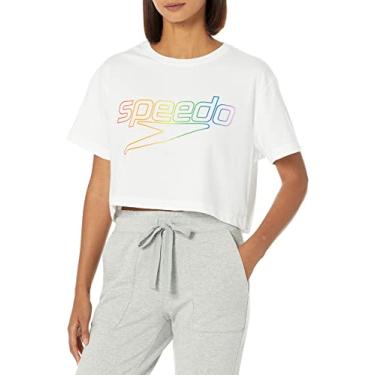 Imagem de Speedo Camiseta feminina de manga curta e gola redonda vintage Crop Pride branca, pequena