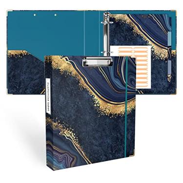 Imagem de Ospelelf Fichário com 3 anéis de 3,5 cm, fichário fofo para tamanho carta (28 cm x 21,5 cm) com 5 divisórias de abas, etiquetas de pasta de arquivo e pranchetas de perfil baixo, fichário de mármore azul para material escolar e material de escritório