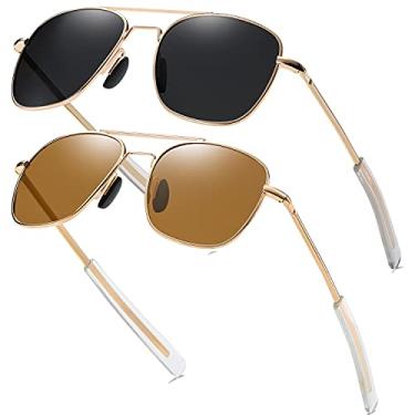Imagem de RCXKOOM Óculos de sol masculino aviador militar piloto militar polarizado, hastes baionetas, Armação dourada e lente preta + armação dourada e lente marrom, 55mm
