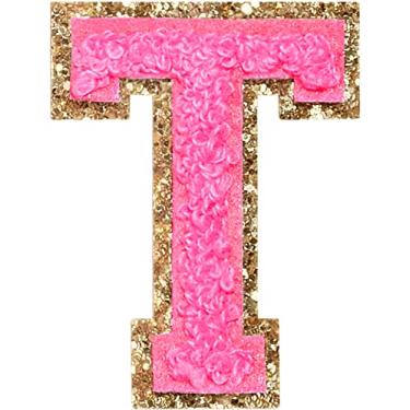 Imagem de 3 Pçs Chenille Letter Patches Ferro em Patches Glitter Varsity Letter Patches Bordado Borda Dourada Costurar em Patches para Vestuário Chapéu Camisa Bolsa (Rosa, T)
