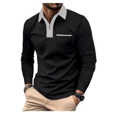 Imagem de Camisa polo masculina combinando com bolso frontal, gola alta, pulôver com meio zíper, Preto, G