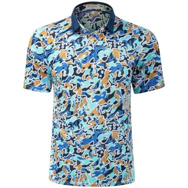 Imagem de Derminpro Camisas masculinas camufladas de golfe com absorção de umidade, manga curta/longa, polo de golfe, Camuflagem azul e amarela 433, M