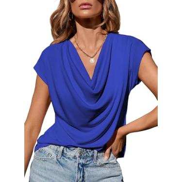 Imagem de EVALESS Camisas para mulheres moda 2024 tops de gola drapeada para mulheres roupas casuais elegantes de manga curta roupas de verão, Azul, XXG