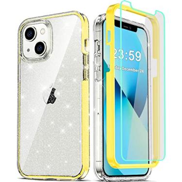 Imagem de COOLQO Capa compatível com iPhone 14 Plus de 6,7 polegadas, com [2 x protetor de tela de vidro temperado] glitter transparente brilhante 360 cobertura total silicone macio 3 em 1 capa protetora de telefone amarela