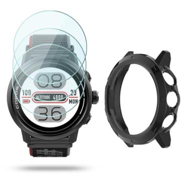 Imagem de HUADU Protetor de tela de relógio (3 + 1 pacote) compatível com COROS APEX 2, filme de vidro temperado, antiarranhões, alta definição, cobertura total e capa protetora de TPU macio