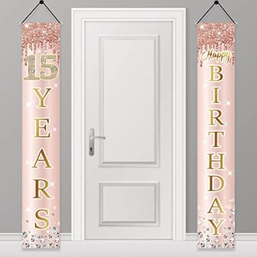 Imagem de Banner de porta de aniversário de 15 anos decorações para meninas, rosa ouro rosa feliz 15 aniversário pano de fundo de varanda suprimentos de festa, decoração de sinal de aniversário de quinze anos