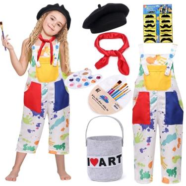 Imagem de Tacobear Kids Artist Costume with Overalls Berets Beard Bow Tie Paint Bucket Brush, Halloween Career Day Dress Up for Boys Girls