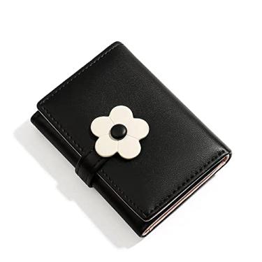 Imagem de Carteira feminina com estampa de flores fofas, carteira estética pequena com três dobras, bolsa de couro PU para dinheiro, porta-cartões de identificação para mulheres, Preto