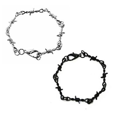 Imagem de Caiyao Pulseira punk gótica com espinhos de arame farpado grossa grossa grossa e grossa pulseira de elos hip hop rock legal menina menino pulseira espinhos ajustável para mulheres homens joias