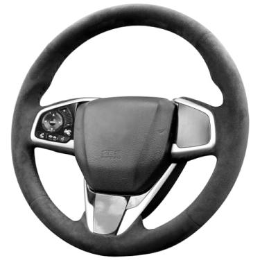 Imagem de Alfanxi Costura manual Itália Alcantara Capa de volante para carro Capa para Honda CR-V/Civic/Clarity Base híbrida plug-in (Alcântara preto + sem listras)