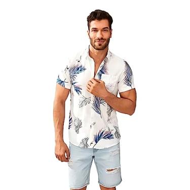 Imagem de Camisa masculina havaiana de botão, manga curta, tropical, praia, verão, casual, Branco 1, M