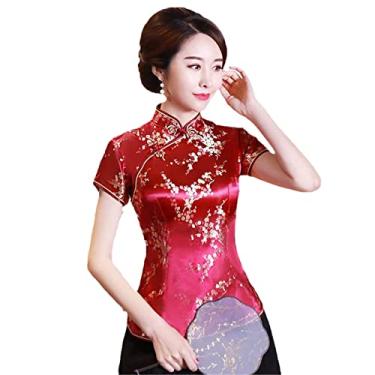 Imagem de Camiseta feminina vintage verão flor chinesa tradicional cetim novidade dragão roupas novidade roupas novidade roupas, A0026 Borgonha, M